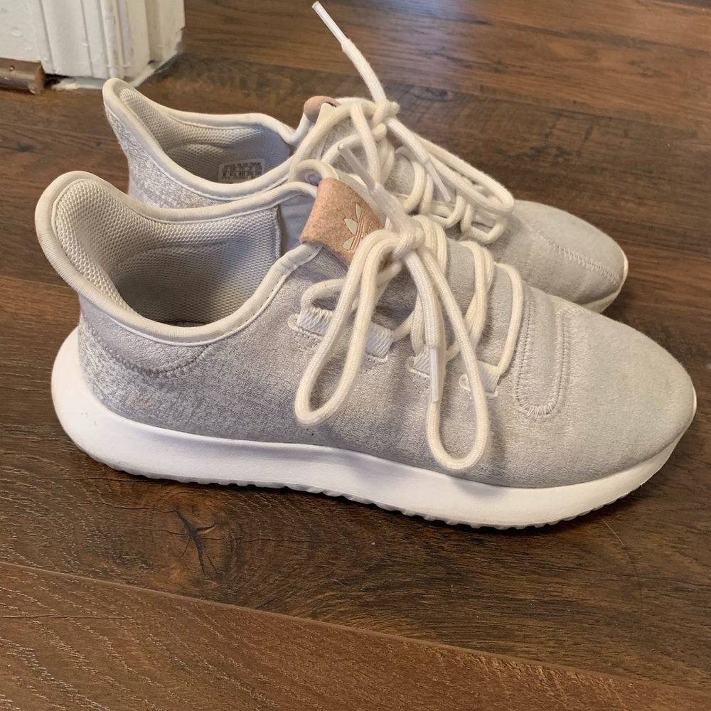 Grey and pink Adidas Tubulars